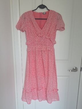 ASOS Pink Floral V-Neck Midi Dress with Puff Sleeves